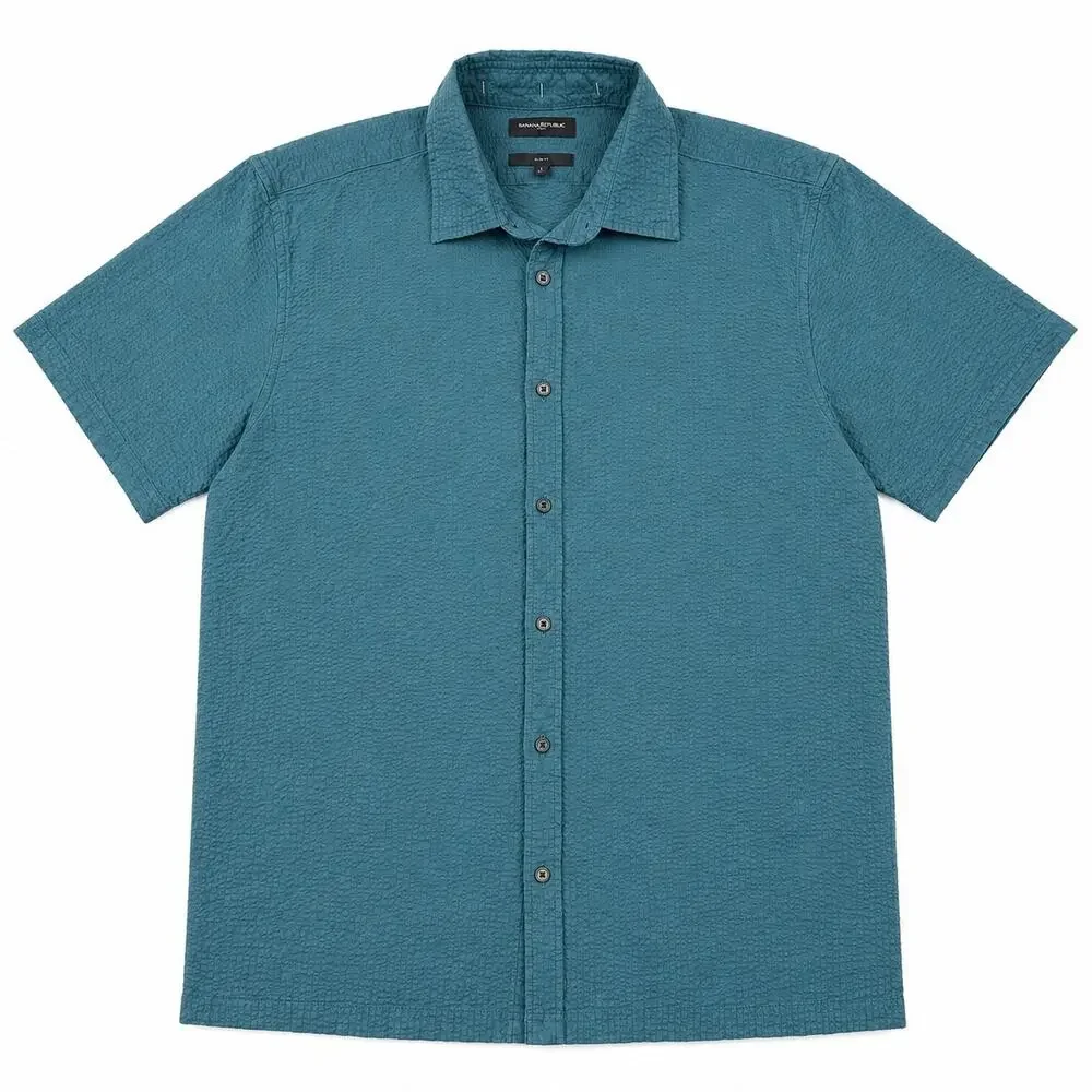 Banana Republic Seersuckerer Shirt Mens XL Slim Fit Teal Short Sleeve Button Up